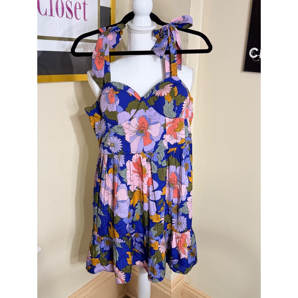 BOG Collective Blue Floral Tie Shoulder Smocked Mini Dress Large NWT